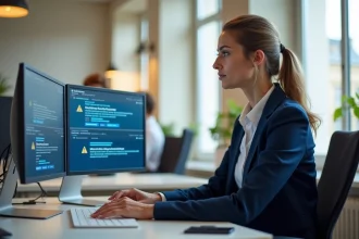 Femme professionnelle consultant des alertes de cybersécurité sur un poste de travail avec double écran dans un bureau moderne à Versailles