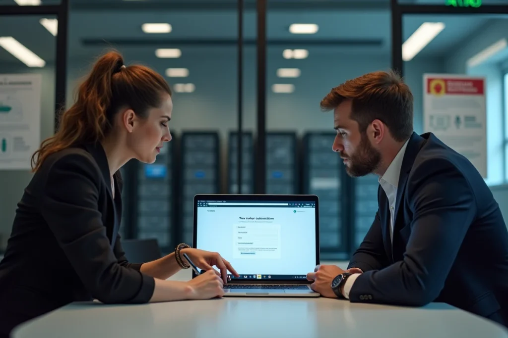 Deux collègues informaticiens configurant une authentification à deux facteurs pour une adresse mail de Versailles dans une salle de réunion vitrée