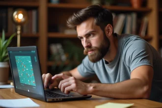 Homme concentré devant un écran de Démineur sur un bureau en bois, illustrant les règles et stratégies du jeu