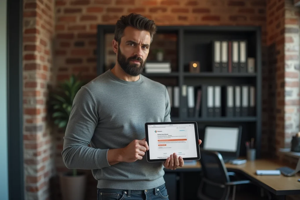 Homme debout dans un bureau à domicile examinant un avertissement d'hameçonnage sur une tablette avec une boîte mail institutionnelle de Versailles