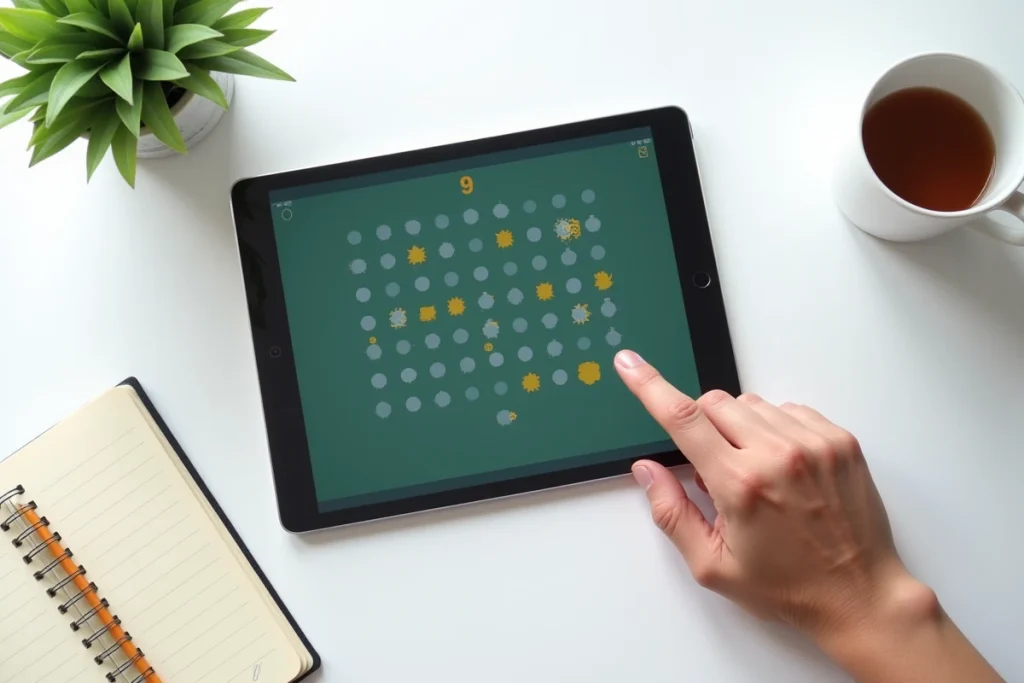 Vue aérienne d'une tablette affichant une grille de Démineur avec mines marquées et cases numérotées sur un bureau minimaliste