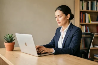 Femme travaillant depuis chez elle sur un portail éducatif académique via son ordinateur portable