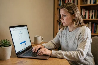 Femme accédant à sa messagerie webmail Nancy Metz depuis son bureau à domicile sur un ordinateur portable
