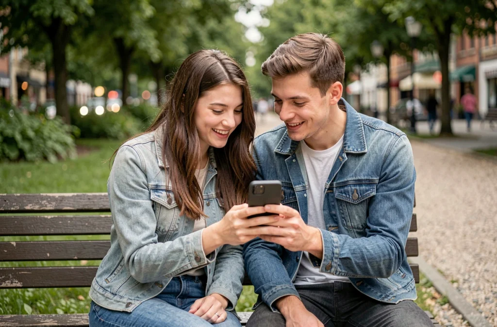 Deux amis regardant ensemble un GIF reçu dans une conversation SMS de groupe sur un banc en ville