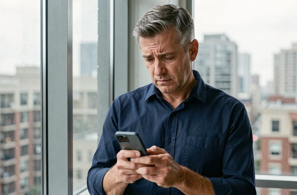 Homme consultant l'application Localiser mon iPhone depuis une fenêtre d'appartement en ville