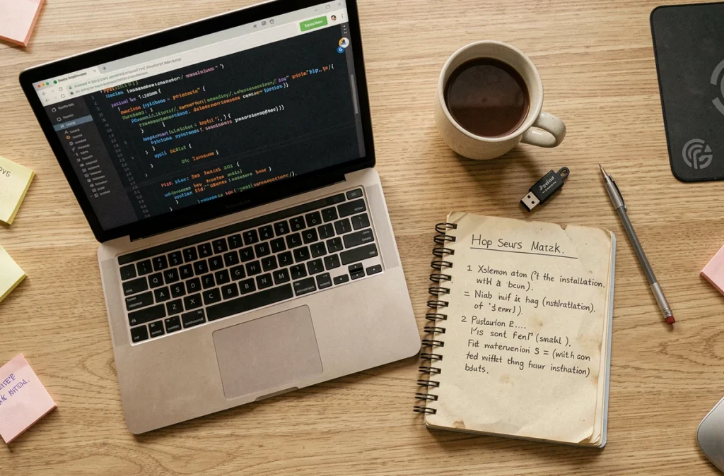 Vue de dessus d'un bureau d'étudiant avec un guide d'installation de Python et pip ouvert sur un ordinateur portable