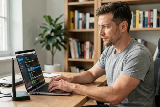 Homme configurant les paramètres DNS sur son ordinateur portable dans un bureau à domicile avec routeur visible
