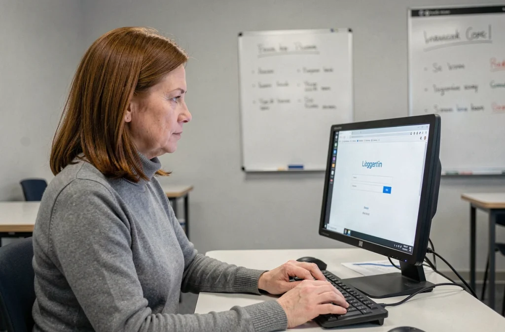 Professeure se connectant à l'espace numérique académique Convergence depuis la salle des enseignants