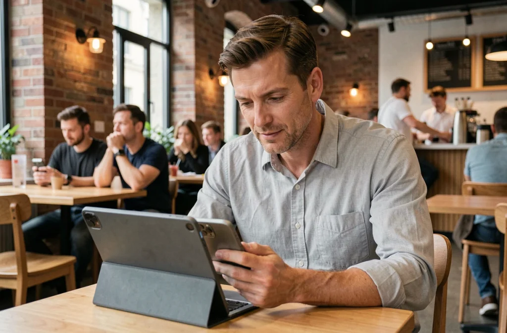 Enseignant consultant un portail académique en ligne depuis un café avec tablette et smartphone