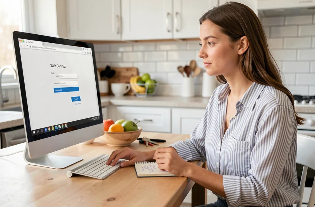 Jeune femme se connectant au webmail Nancy Metz depuis la cuisine avec ses identifiants notés sur un carnet