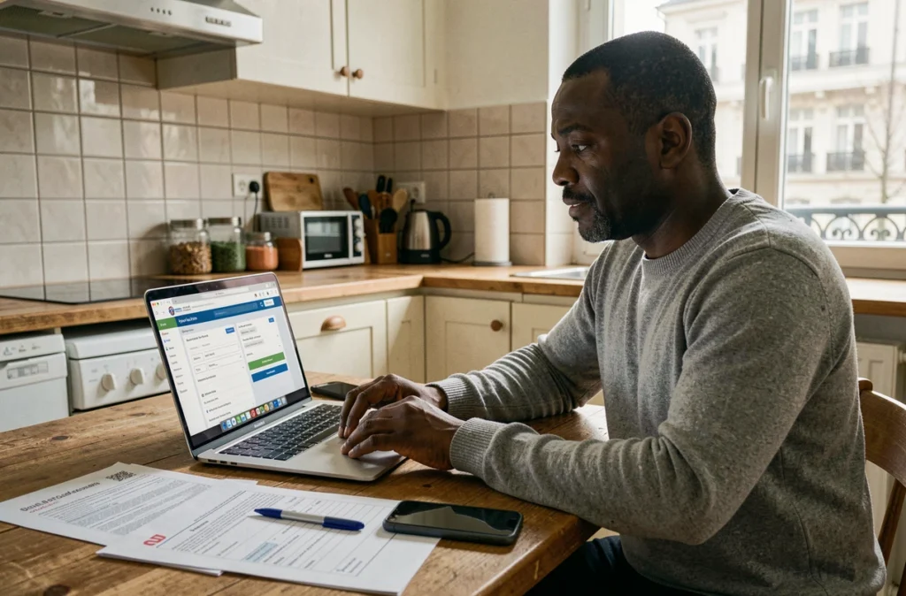 Homme consultant le portail ANEF sur son ordinateur portable pour suivre le statut de sa demande de naturalisation