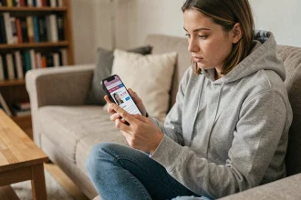 Jeune femme convertissant une vidéo YouTube en MP3 sur son smartphone depuis son canapé
