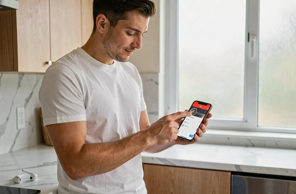 Homme utilisant un convertisseur YouTube MP3 en ligne sur mobile dans une cuisine moderne