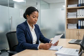 Femme consultant des documents administratifs pour une demande de naturalisation dans un bureau de services publics