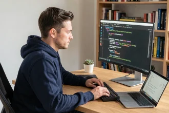 Développeur installant Python et pip dans un terminal sur son ordinateur de bureau à domicile