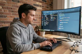 Développeur installant des dépendances Python avec pip dans un terminal sur son bureau à domicile