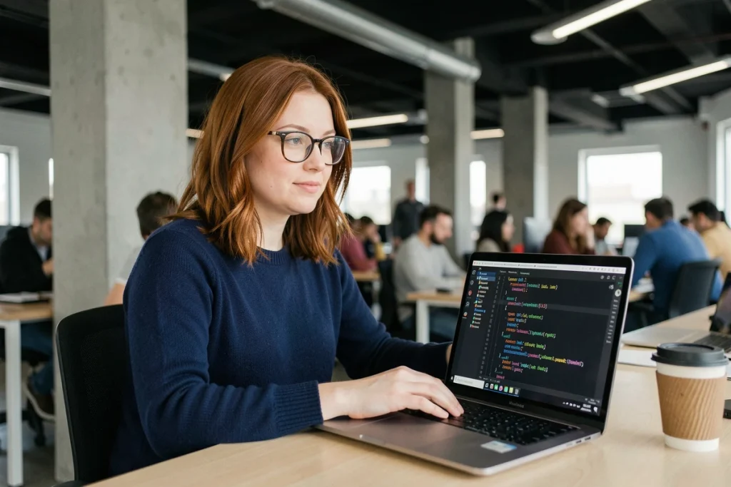 Développeuse gérant un fichier requirements.txt Python dans un espace de coworking moderne