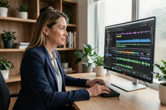 Femme professionnelle éditant des sous-titres vidéo sur un grand écran dans un bureau moderne