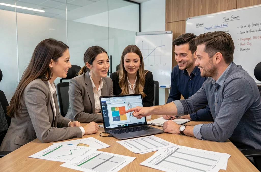 Équipe de professionnels en réunion autour de tableaux croisés dynamiques Excel imprimés et sur ordinateur portable