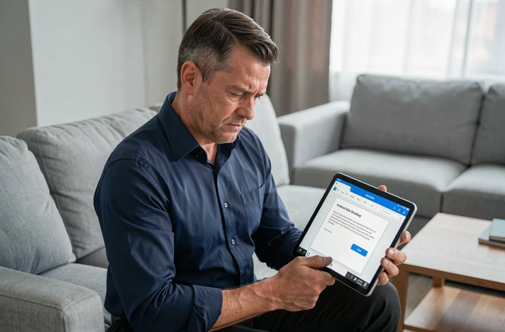 Homme consultant sa messagerie académique Nancy Metz sur tablette avec message d'erreur de mot de passe affiché