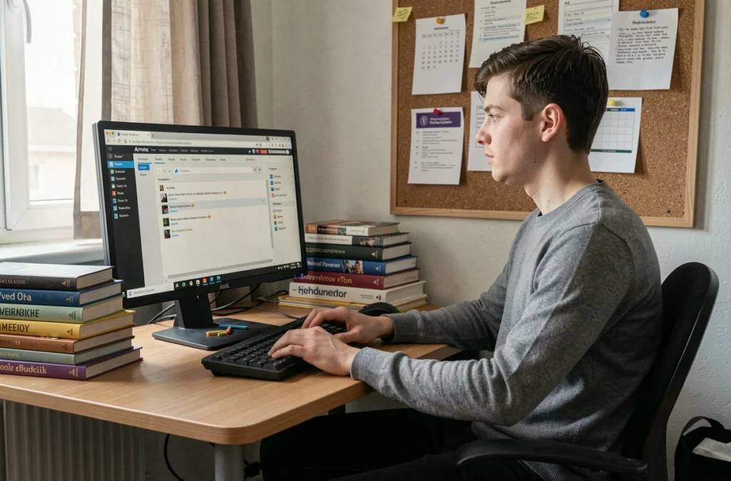 Étudiant utilisant un client mail externe sur son ordinateur de bureau dans un appartement universitaire