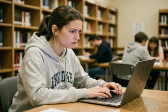 Étudiante frustrée devant son ordinateur portable essayant de récupérer son mot de passe AgroParisTech dans une bibliothèque universitaire