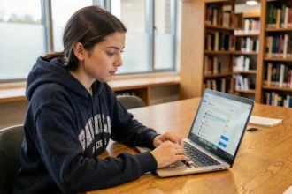 Étudiante consultant le webmail de l'Université de Nantes sur son ordinateur portable dans une bibliothèque universitaire