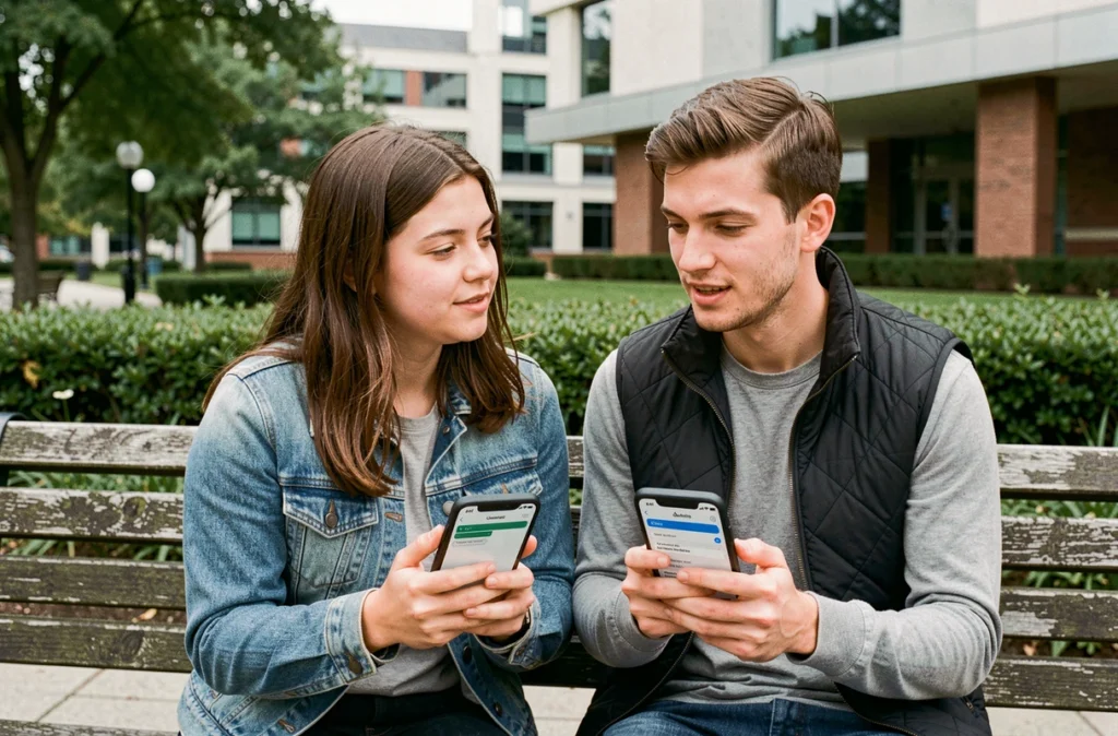 Deux étudiants comparant une webmail universitaire et un client mail externe sur leurs smartphones en campus