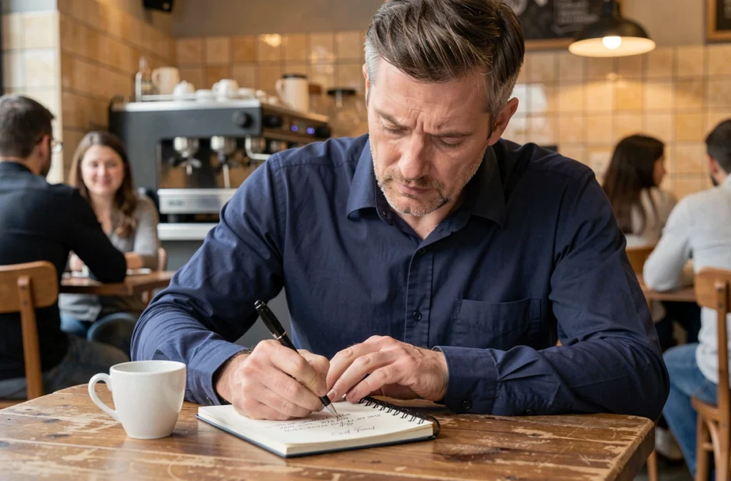 Homme s'exerçant à l'écriture rapide dans un carnet dans un café urbain