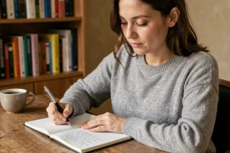 Femme pratiquant des exercices d'écriture quotidiens dans un carnet ligné à son bureau en bois