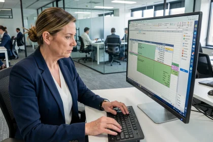 Femme professionnelle analysant un tableau croisé dynamique Excel sur un écran d'ordinateur dans un bureau d'entreprise moderne
