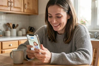 Femme envoyant un GIF animé par SMS à un groupe depuis son smartphone dans une cuisine