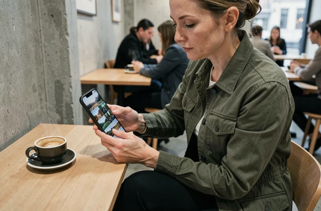 Femme photographe analysant des clichés sur le Google Pixel 9 Pro XL dans un café minimaliste