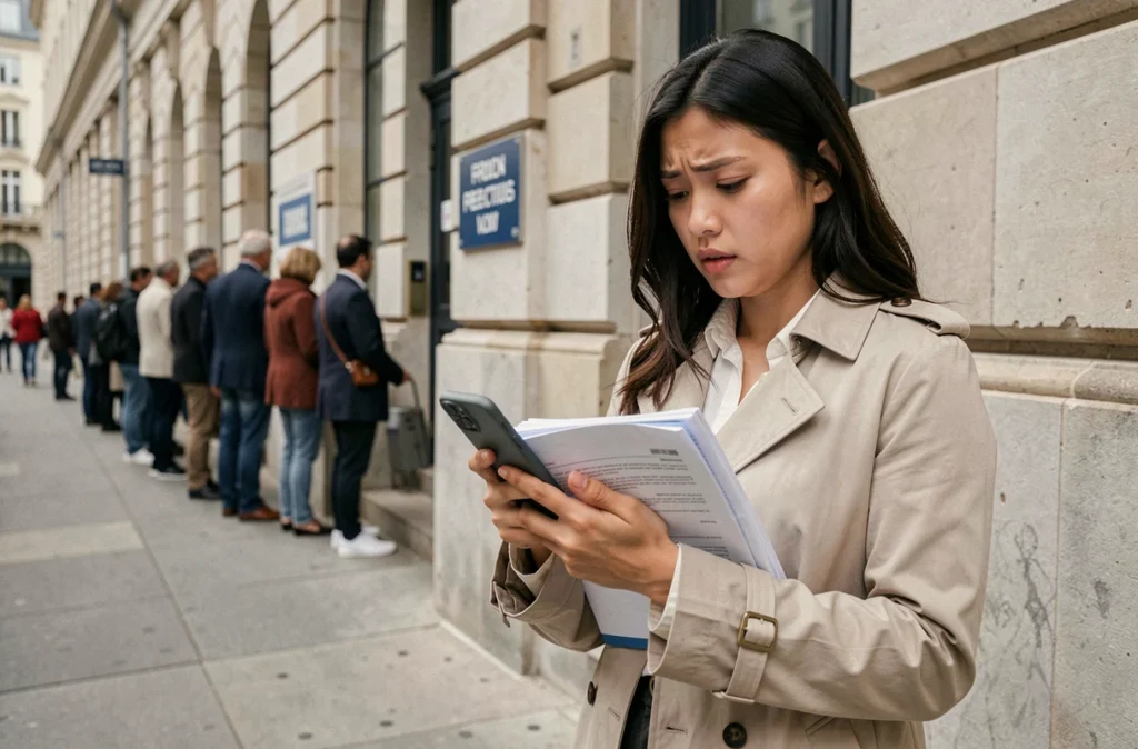 Jeune femme devant une préfecture française consultant son téléphone pour vérifier le statut de sa demande de naturalisation ANEF