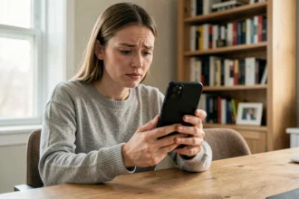 Femme tenant un Samsung Galaxy Z Flip 4 avec écran noir en tentant de récupérer ses données
