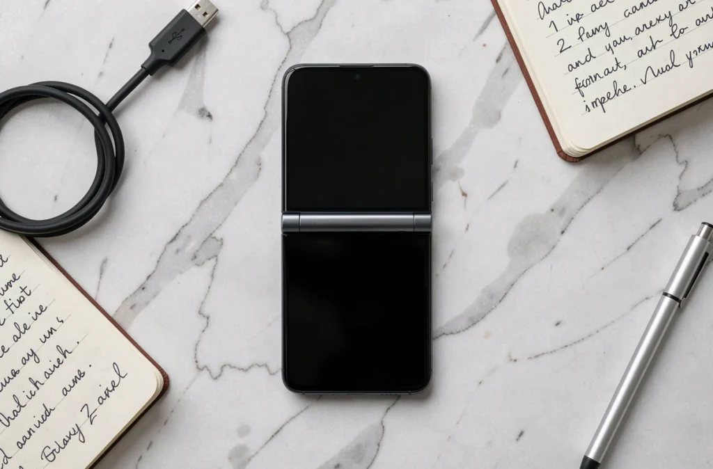 Vue aérienne d'un Samsung Galaxy Z Flip 4 à écran noir posé sur marbre avec câble USB et notes de dépannage