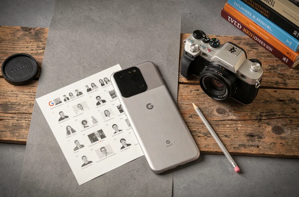 Google Pixel 9 Pro XL posé sur un bureau de photographe avec matériel photo professionnel