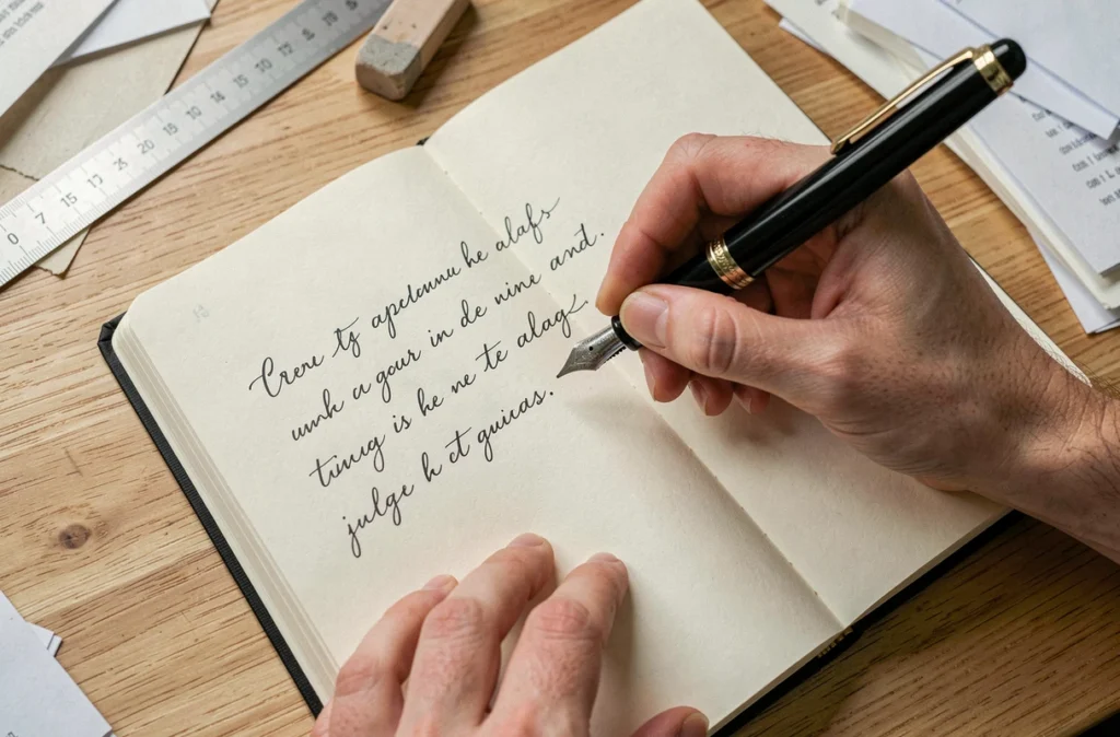 Gros plan de mains tenant un stylo plume lors d'un exercice d'écriture cursive sur papier crème