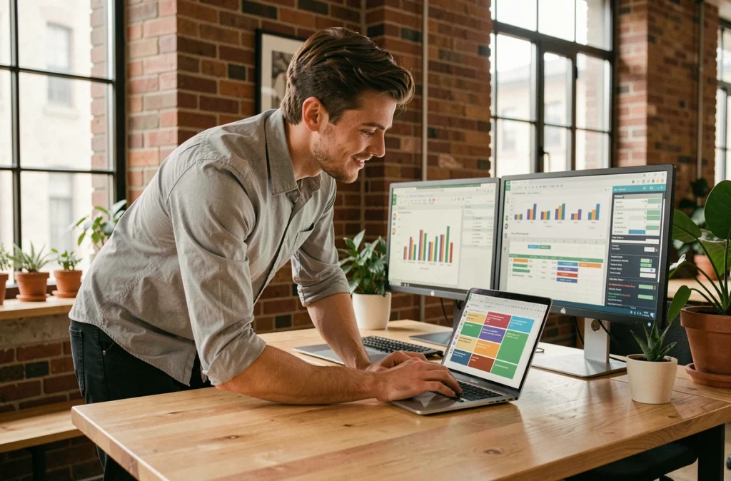 Jeune homme debout travaillant sur un tableau croisé dynamique Excel avec graphiques dans un bureau style startup