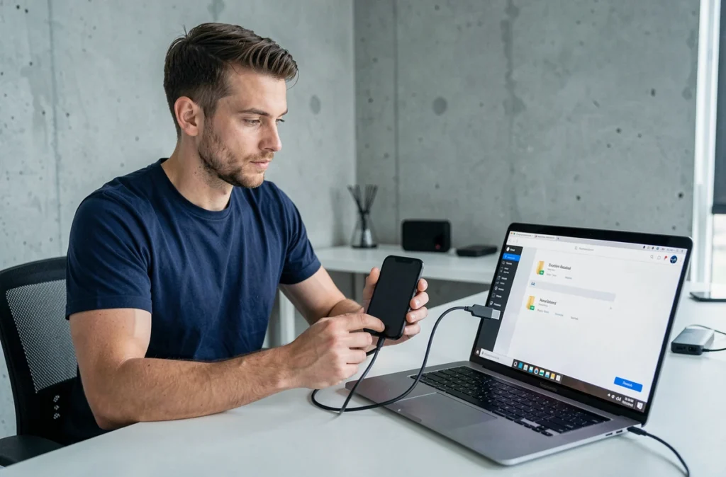 Homme connectant un Galaxy Z Flip 4 à écran noir à un ordinateur portable pour récupérer des données via USB
