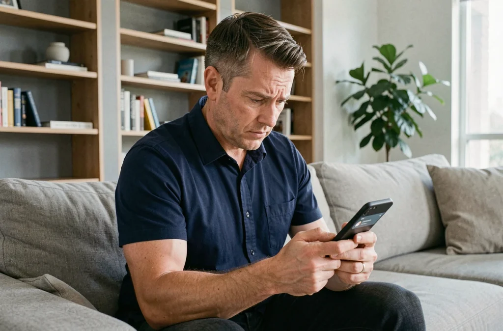 Homme configurant les réglages SMS de groupe pour envoyer un GIF sur smartphone Android