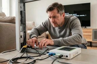 Homme vérifiant les câbles d'une Freebox Delta affichant une erreur 20 FF sur l'écran
