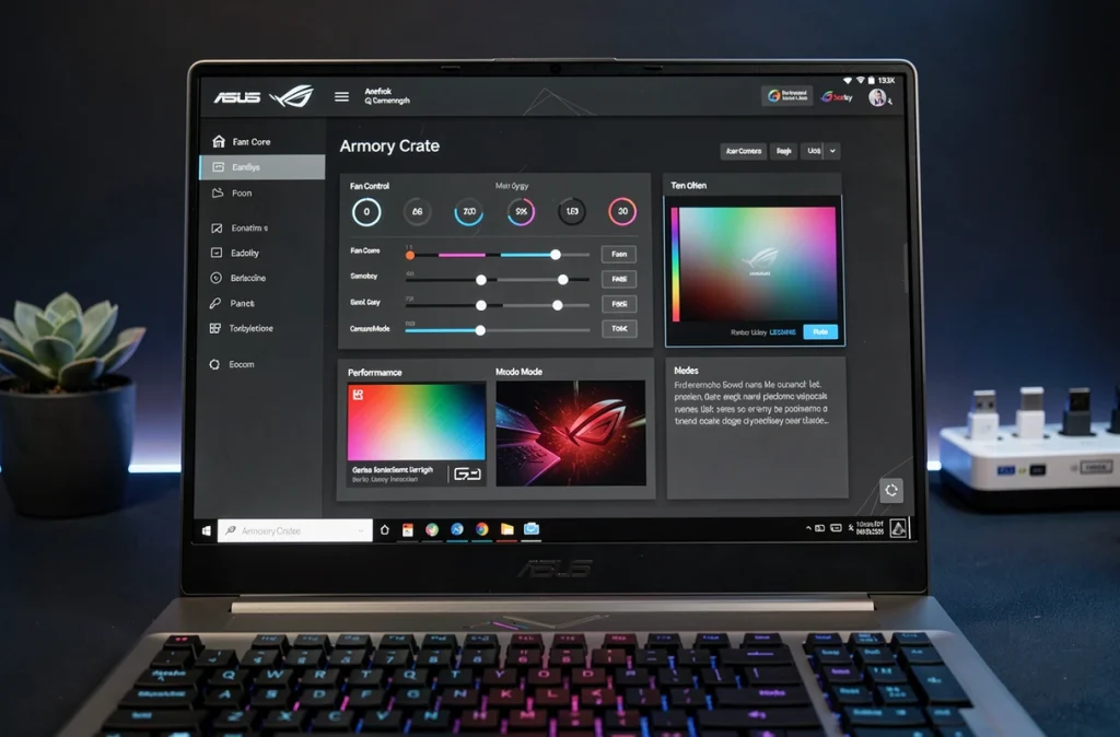 Écran de laptop ASUS affichant l'interface du logiciel Armory Crate avec options de configuration