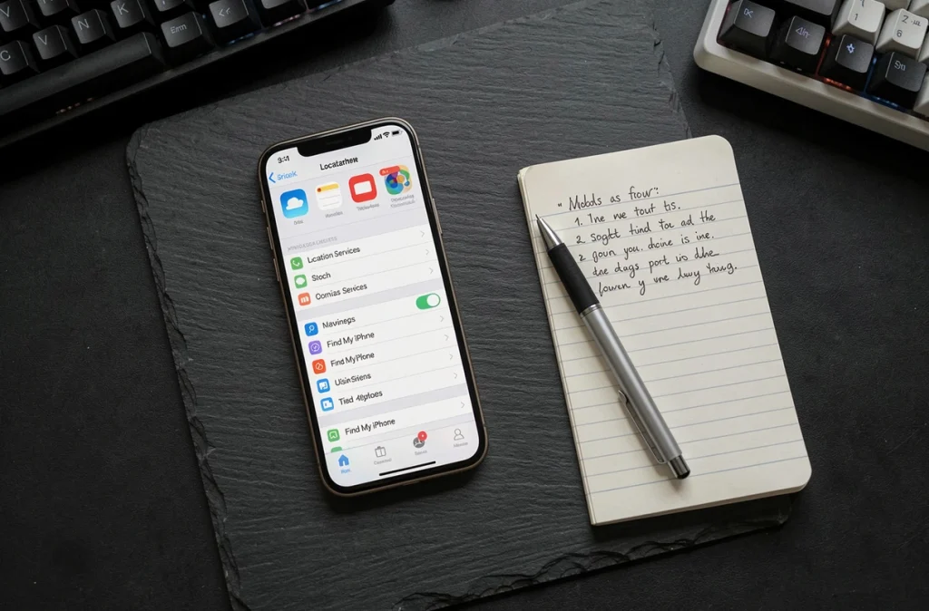 Vue de dessus d'un iPhone affichant les réglages de localisation posé sur un bureau minimaliste