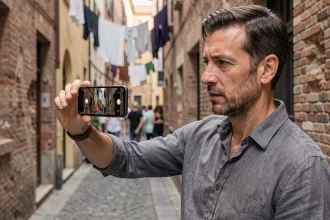 Photographe tenant un Google Pixel 9 Pro XL pour capturer une scène de rue urbaine en Europe