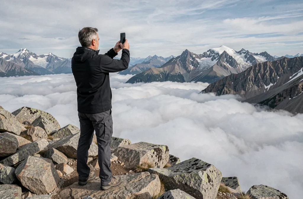 Photographe en montagne utilisant le Google Pixel 9 Pro XL pour capturer un panorama alpin