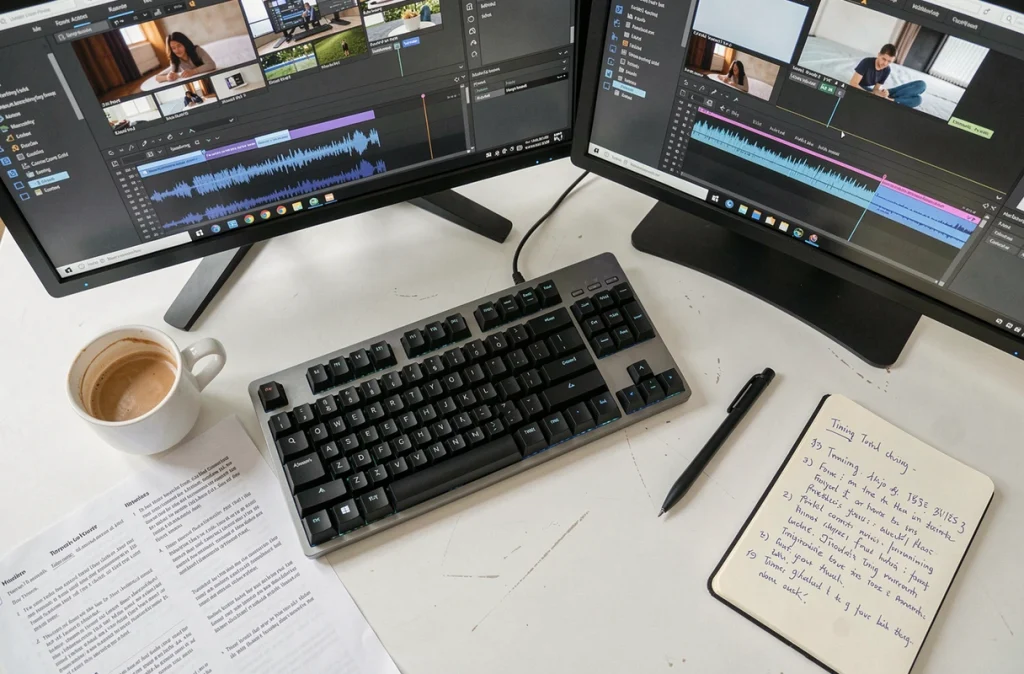 Bureau de montage vidéo professionnel avec logiciel de sous-titrage ouvert et notes manuscrites