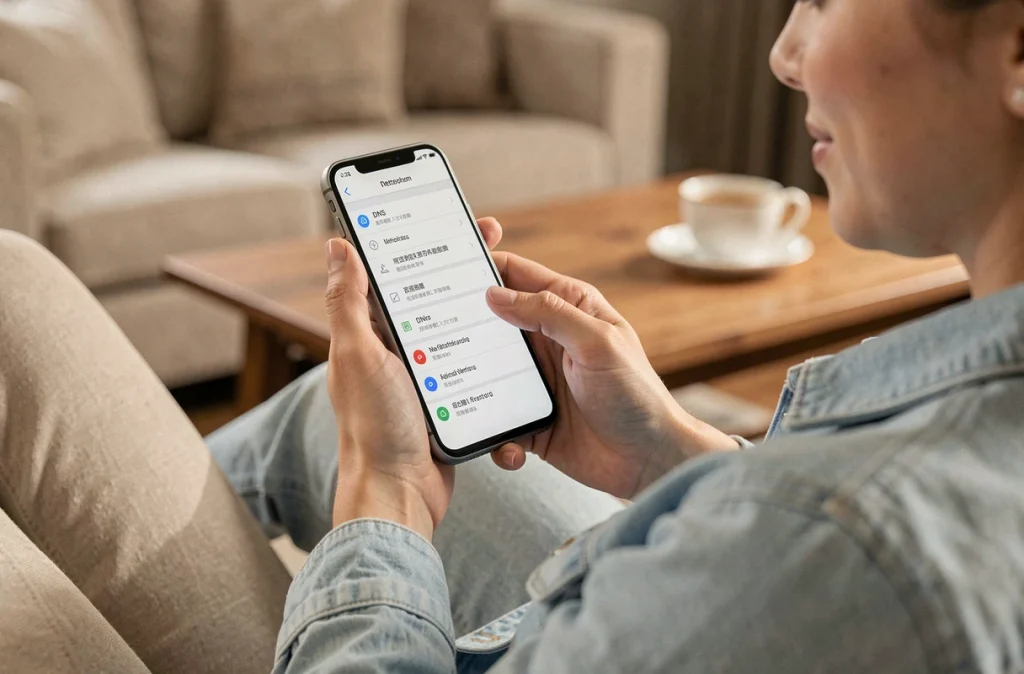 Femme consultant les paramètres DNS sur son smartphone Android dans un salon moderne