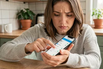 Femme activant les réglages de localisation sur iPhone dans une cuisine moderne