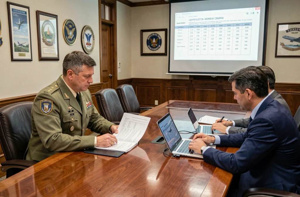Officier militaire et auditeurs civils lors d'une réunion officielle d'examen de certificat de navigabilité